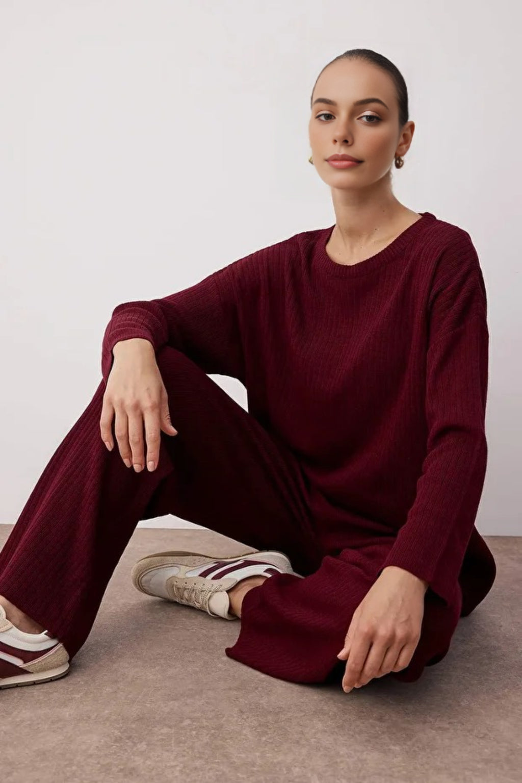 2-Piece Loose Fit Basic Ribbed Knit Top & Pants Set
