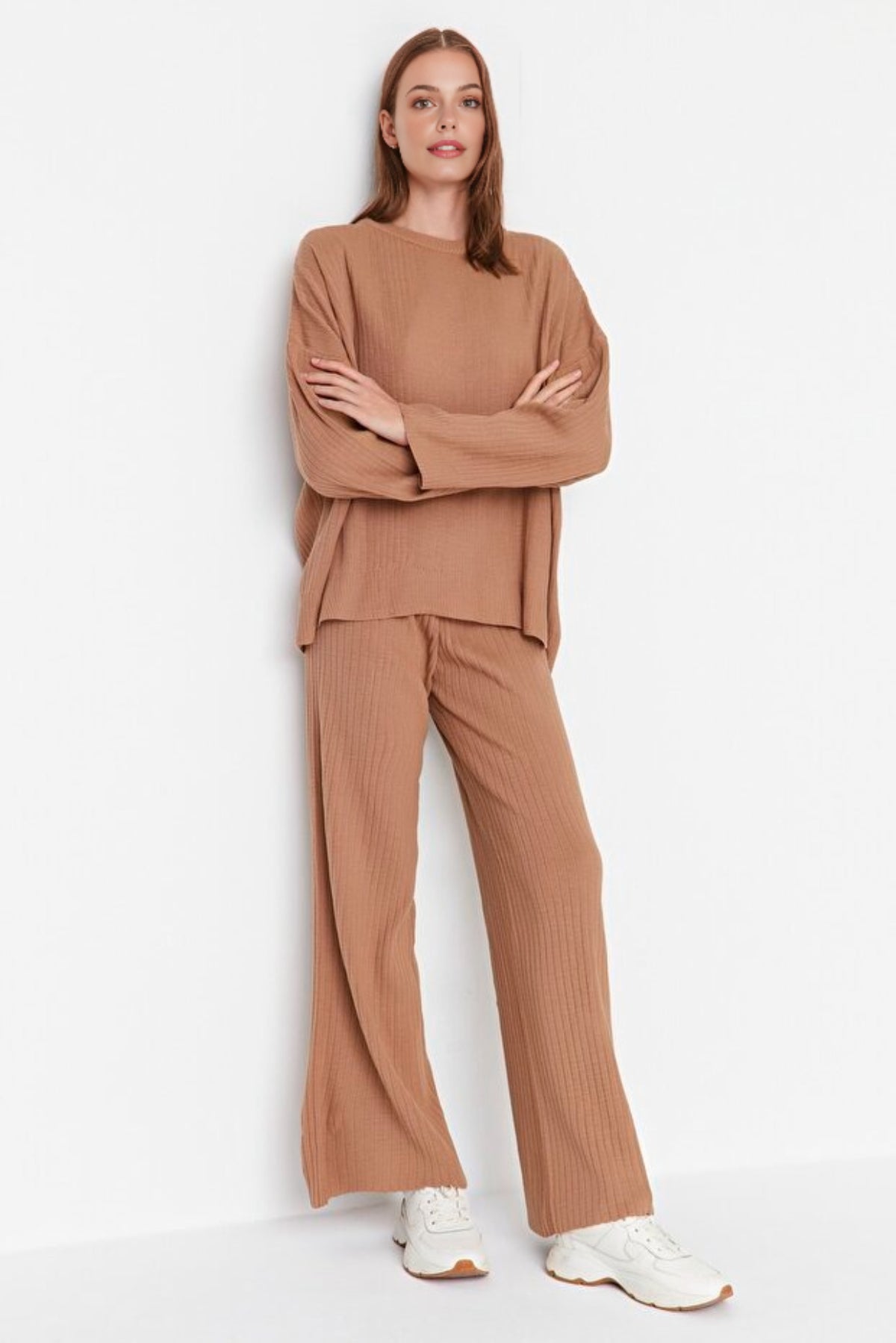 2-Piece Loose Fit Basic Ribbed Knit Top & Pants Set