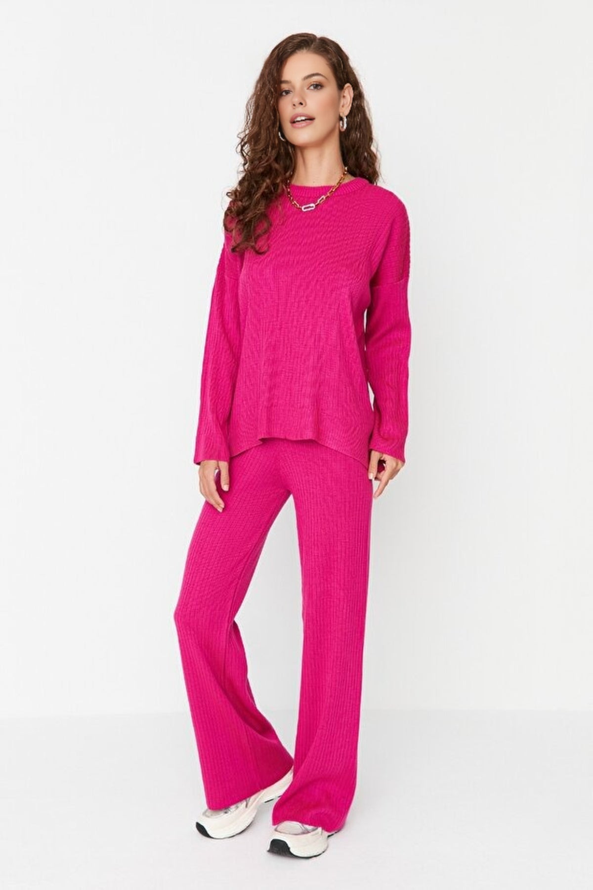 2-Piece Loose Fit Basic Ribbed Knit Top & Pants Set