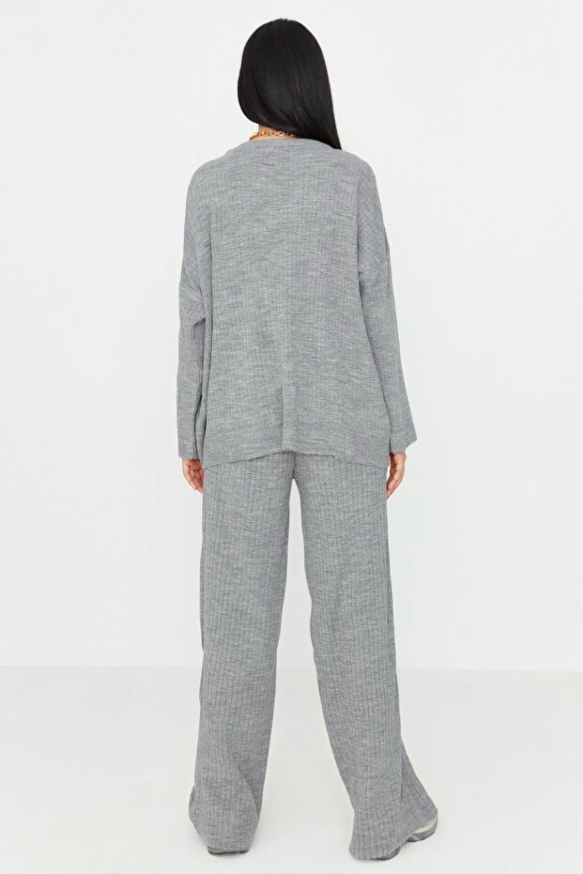 2-Piece Loose Fit Basic Ribbed Knit Top & Pants Set