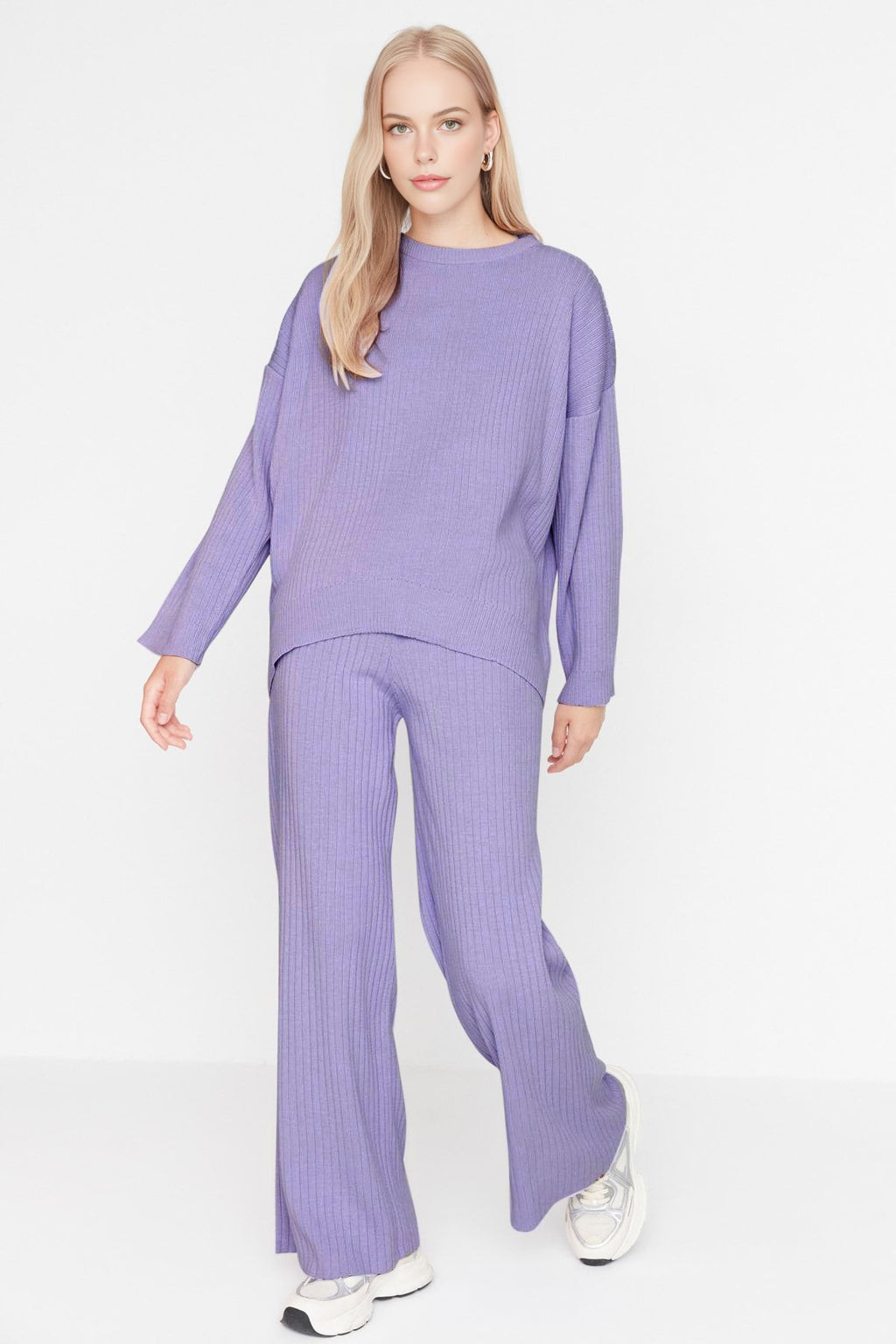 2-Piece Loose Fit Basic Ribbed Knit Top & Pants Set