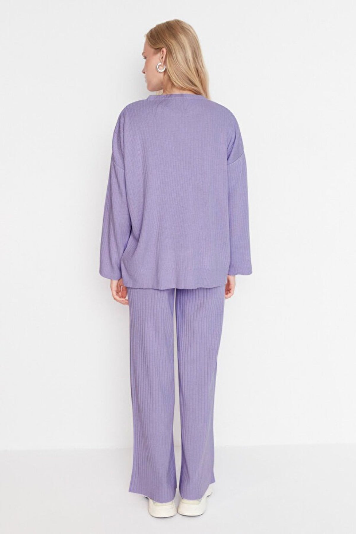 2-Piece Loose Fit Basic Ribbed Knit Top & Pants Set