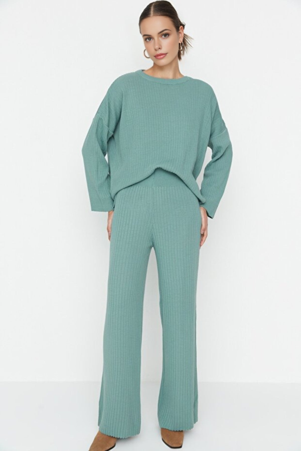 2-Piece Loose Fit Basic Ribbed Knit Top & Pants Set