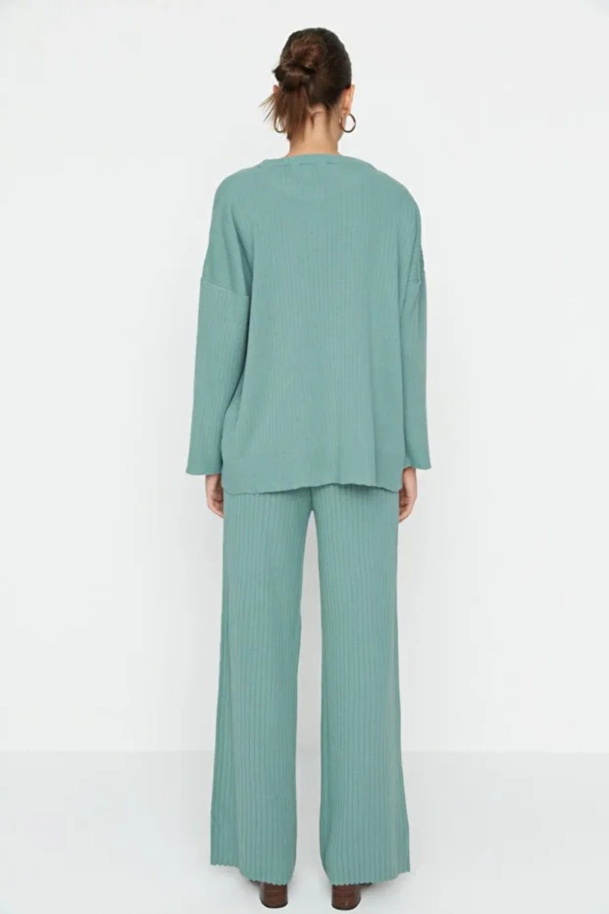 2-Piece Loose Fit Basic Ribbed Knit Top & Pants Set