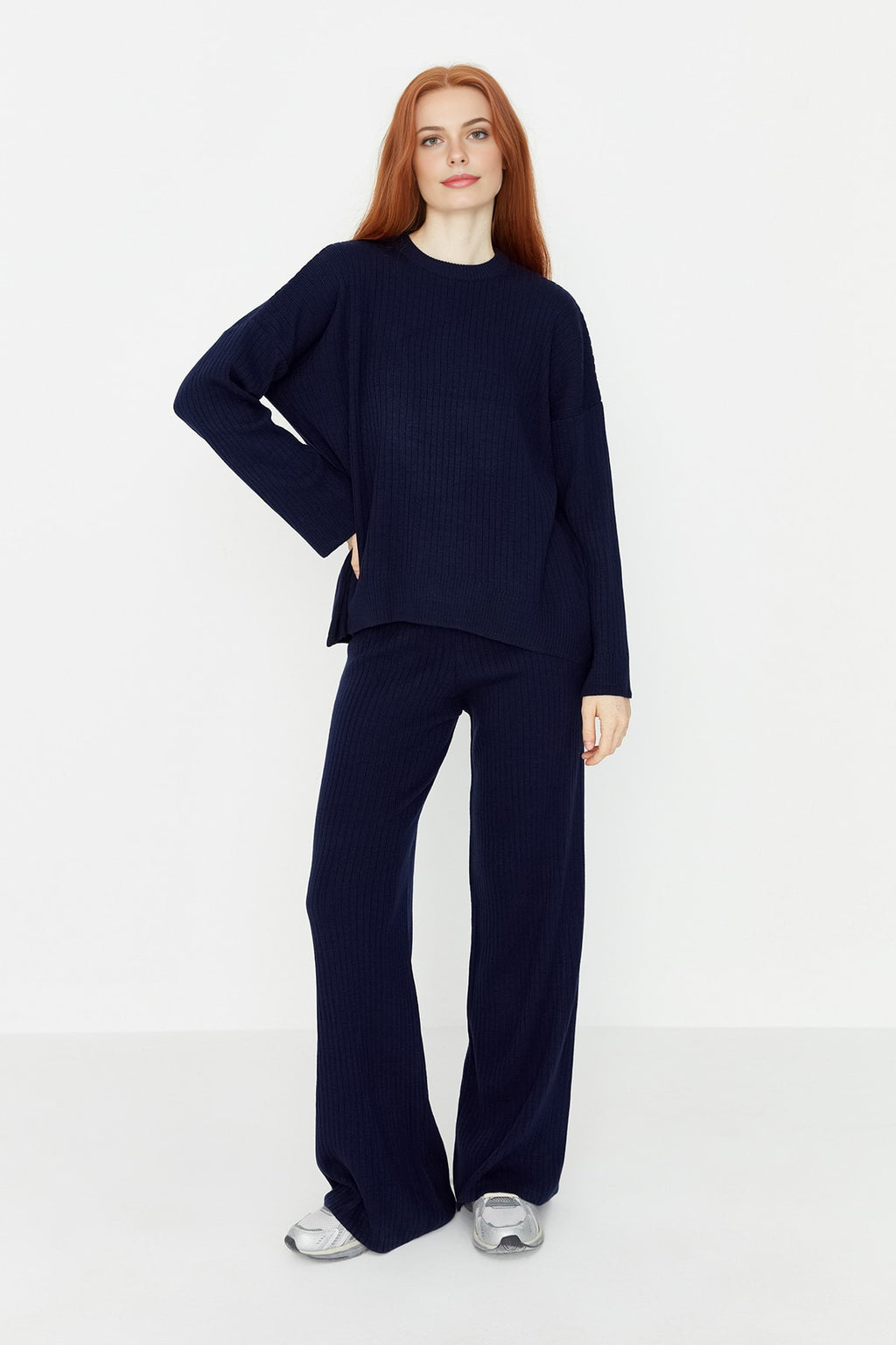 2-Piece Loose Fit Basic Ribbed Knit Top & Pants Set