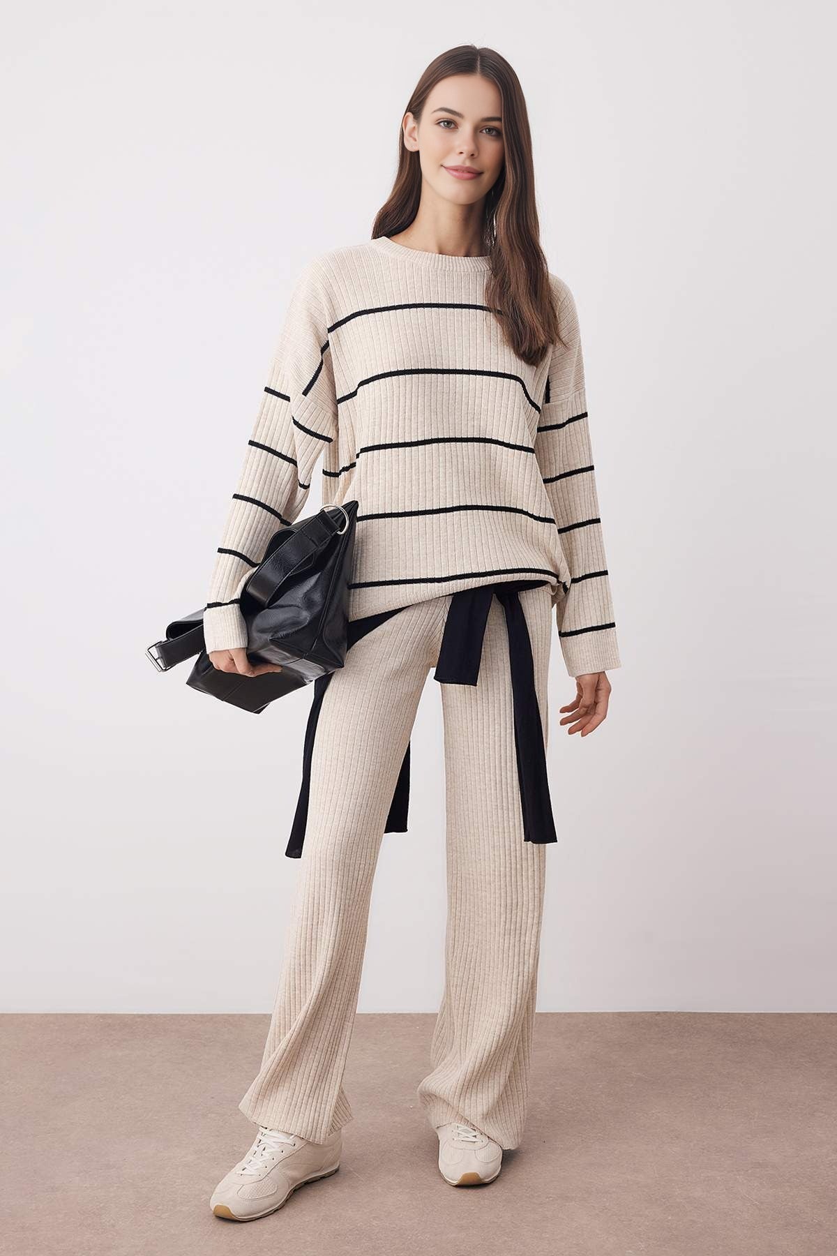 2-Piece Loose Fit Basic Ribbed Knit Top & Pants Set