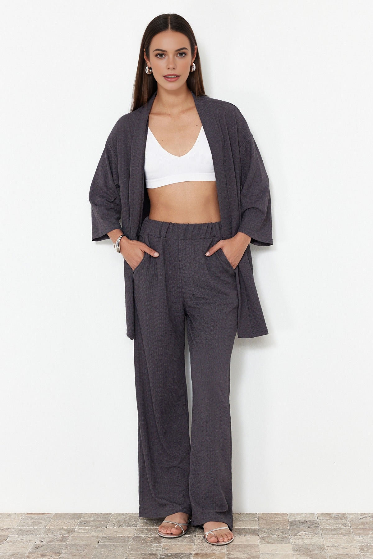 2-Piece Relaxed Fit Knit Kimono Top & Pants Set
