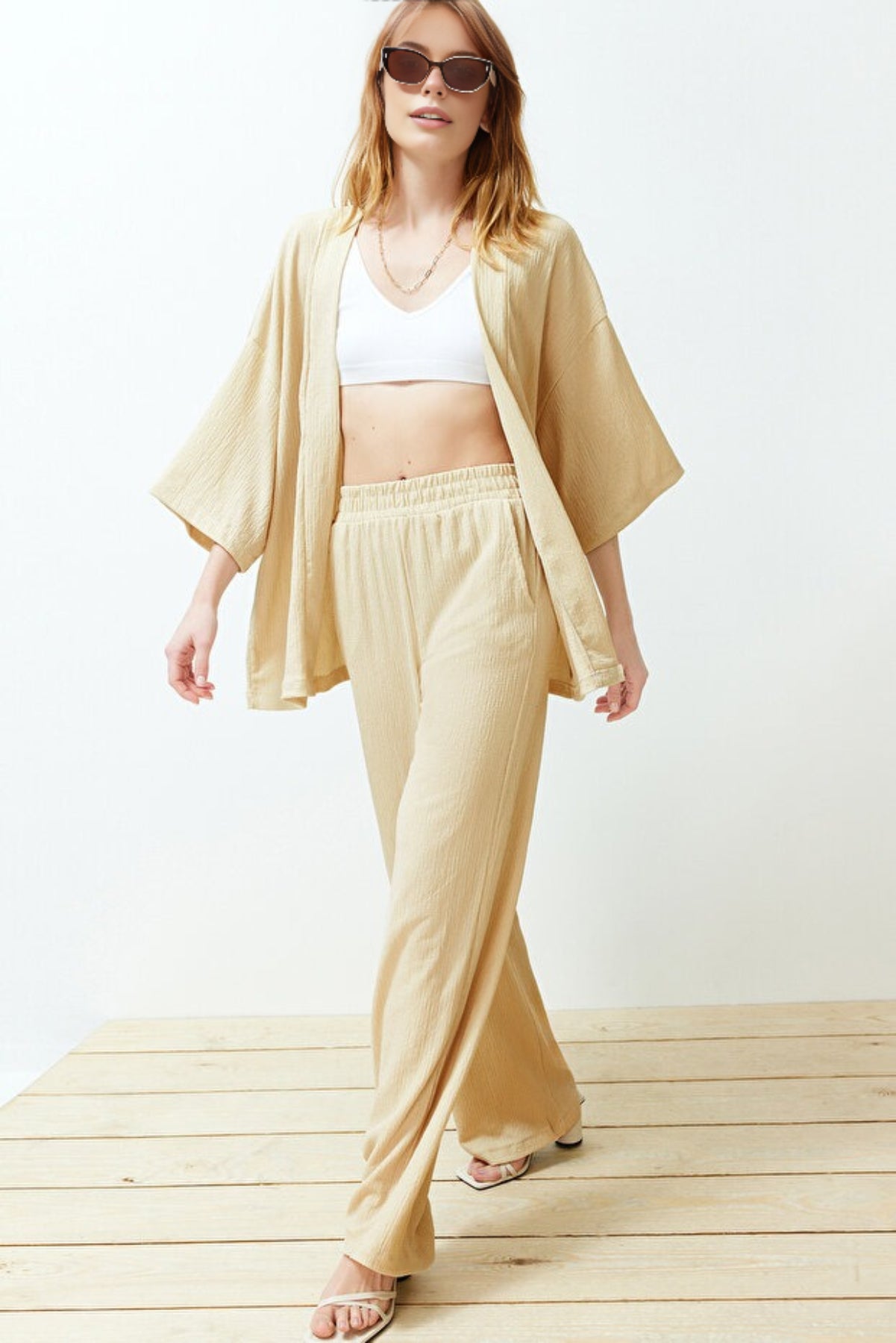 2-Piece Relaxed Fit Knit Kimono Top & Pants Set