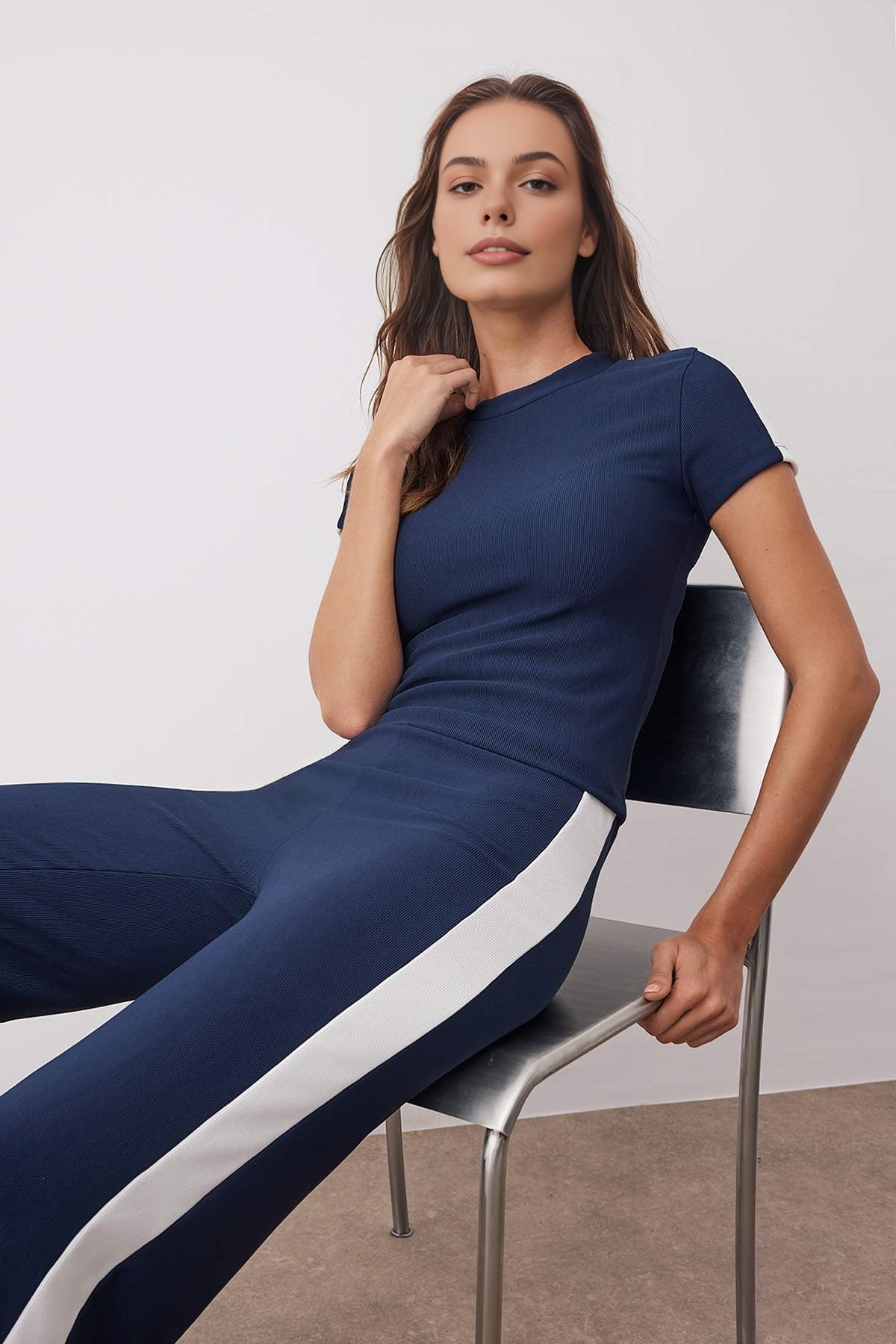 2-Piece Knit Blouse & Pants Set with Stripe Detail