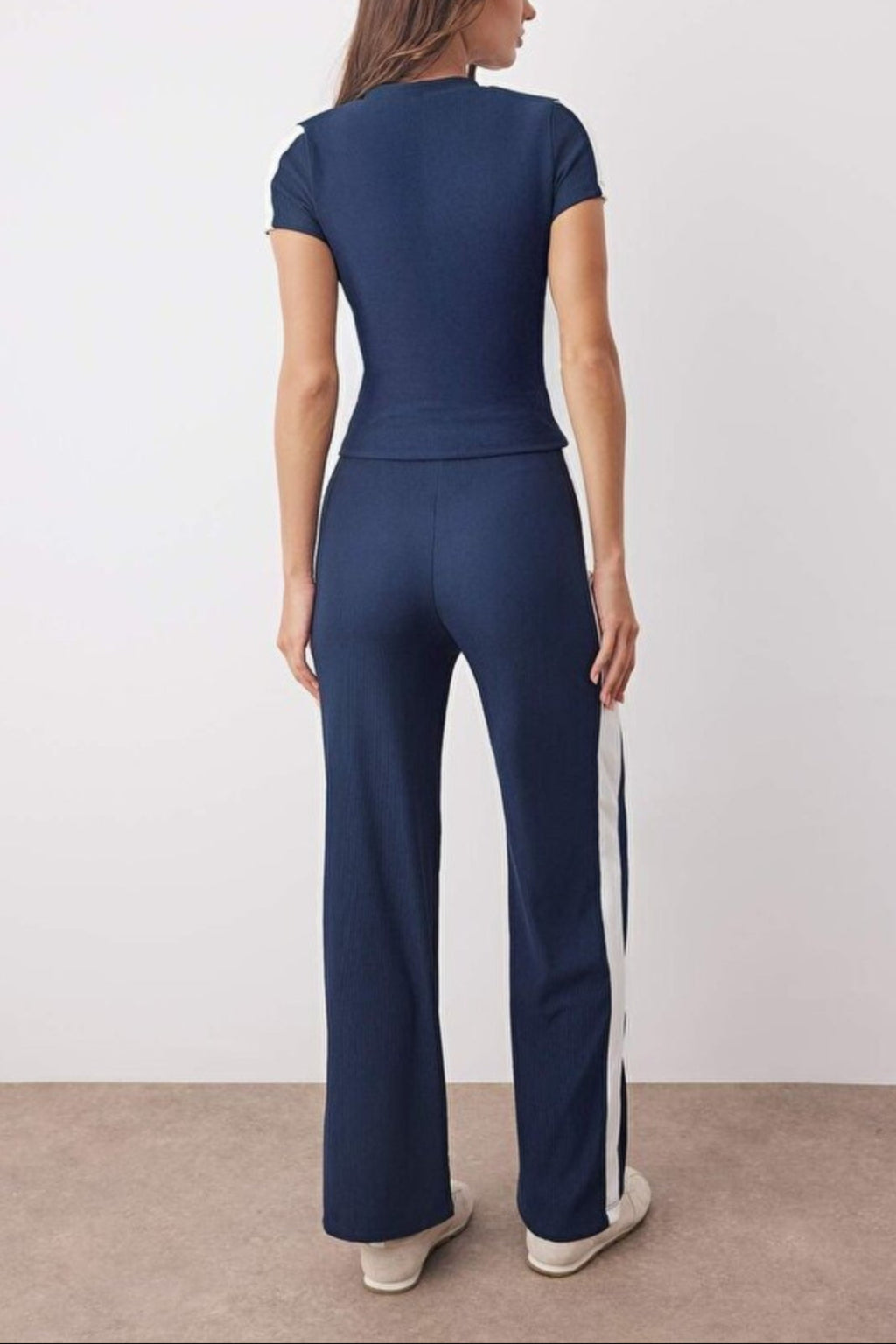 2-Piece Knit Blouse & Pants Set with Stripe Detail