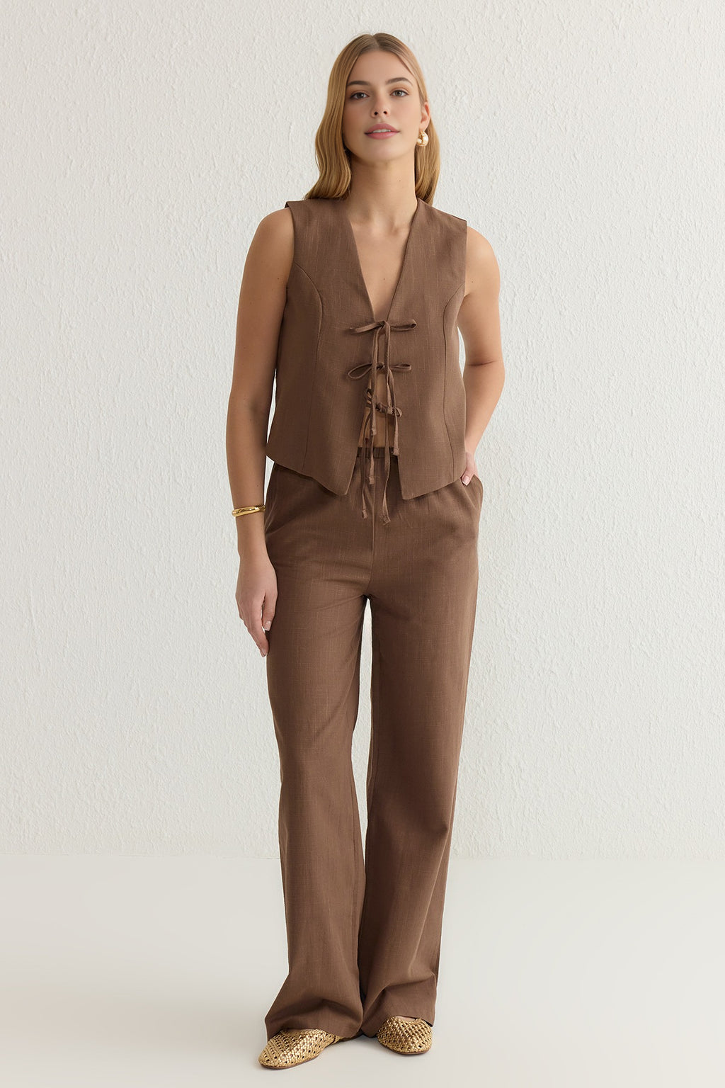 2-Piece Tie-Front Linen-Look Blouse & Wide Leg Woven Pants Set