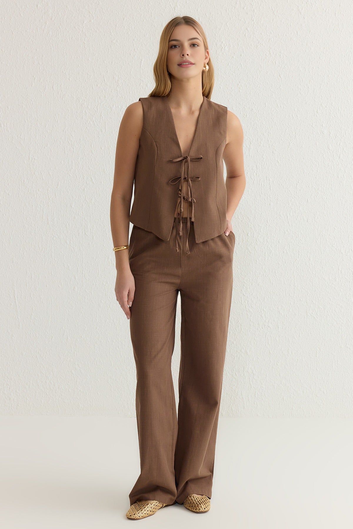 2-Piece Tie-Front Linen-Look Blouse & Wide Leg Woven Pants Set