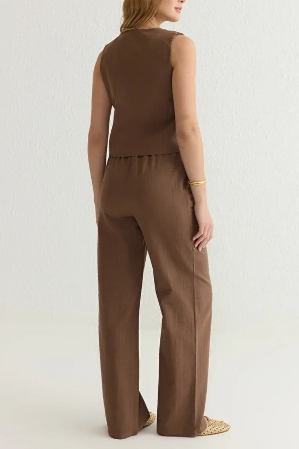 2-Piece Tie-Front Linen-Look Blouse & Wide Leg Woven Pants Set