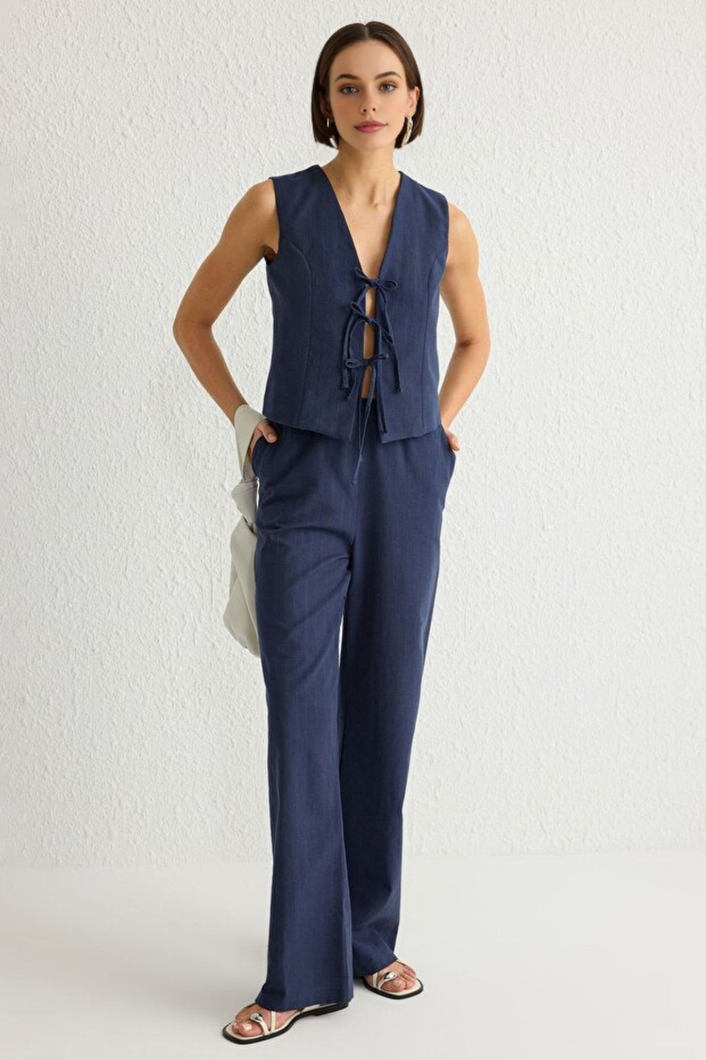 2-Piece Tie-Front Linen-Look Blouse & Wide Leg Woven Pants Set