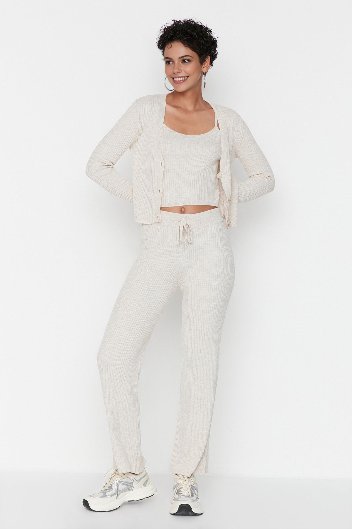 3-Piece Knit Cardigan, Top & Pants Set