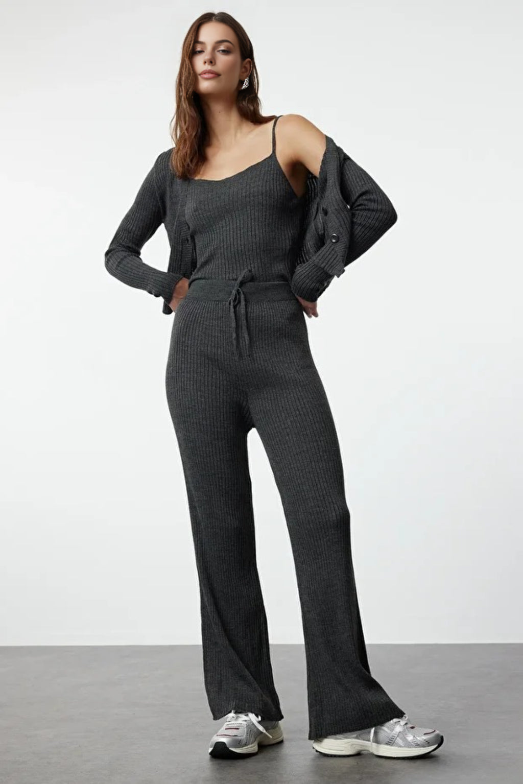 3-Piece Knit Cardigan, Top & Pants Set