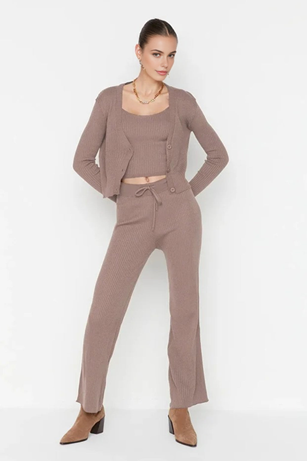 3-Piece Knit Cardigan, Top & Pants Set
