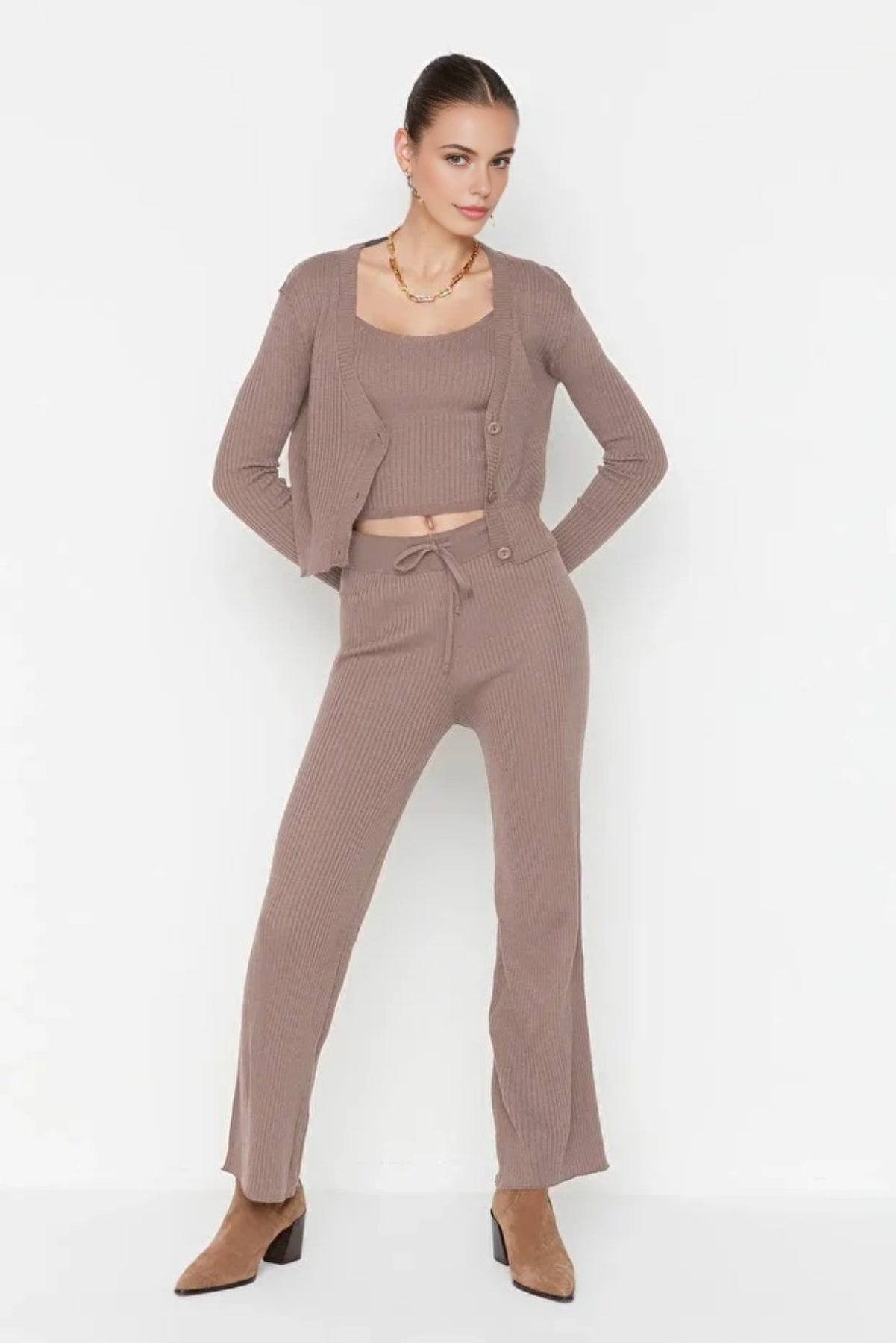 3-Piece Knit Cardigan, Top & Pants Set