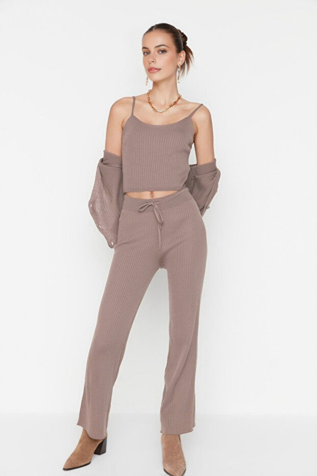 3-Piece Knit Cardigan, Top & Pants Set