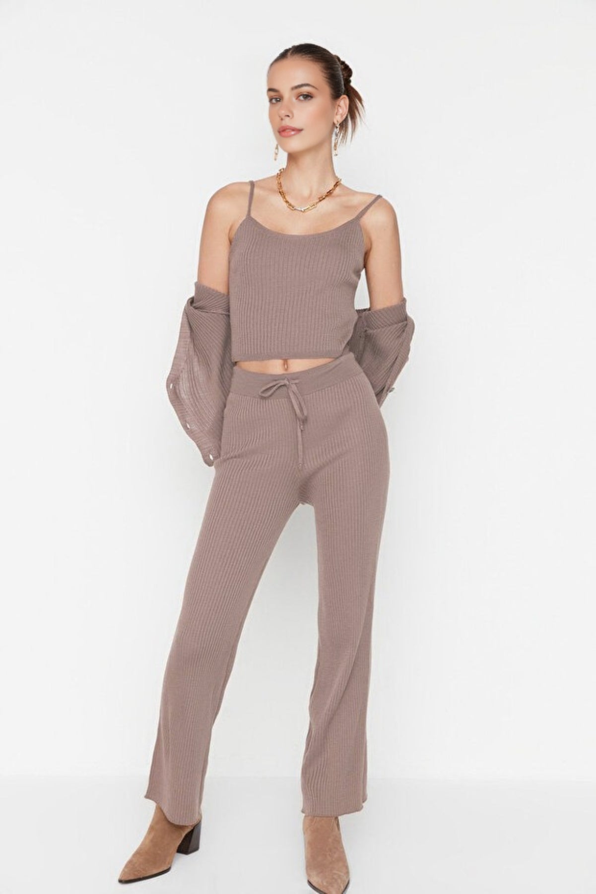 3-Piece Knit Cardigan, Top & Pants Set