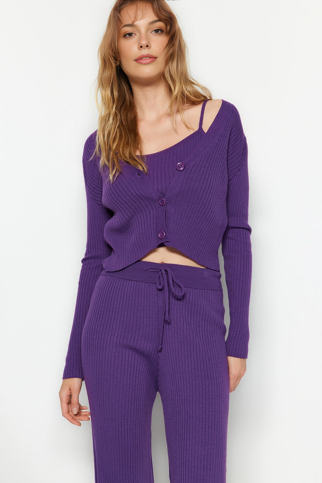 3-Piece Knit Cardigan, Top & Pants Set