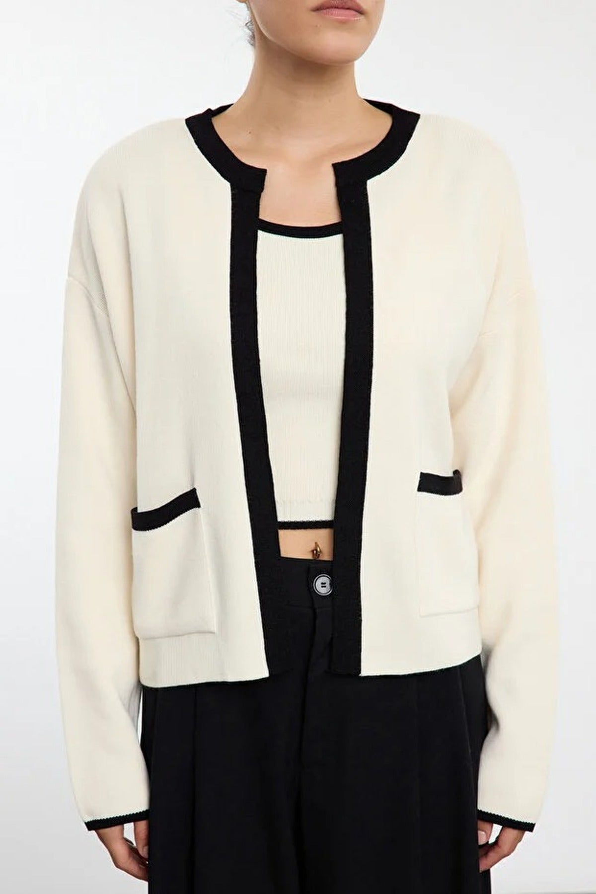 2-Piece Color Block Knit Blouse-Cardigan Set