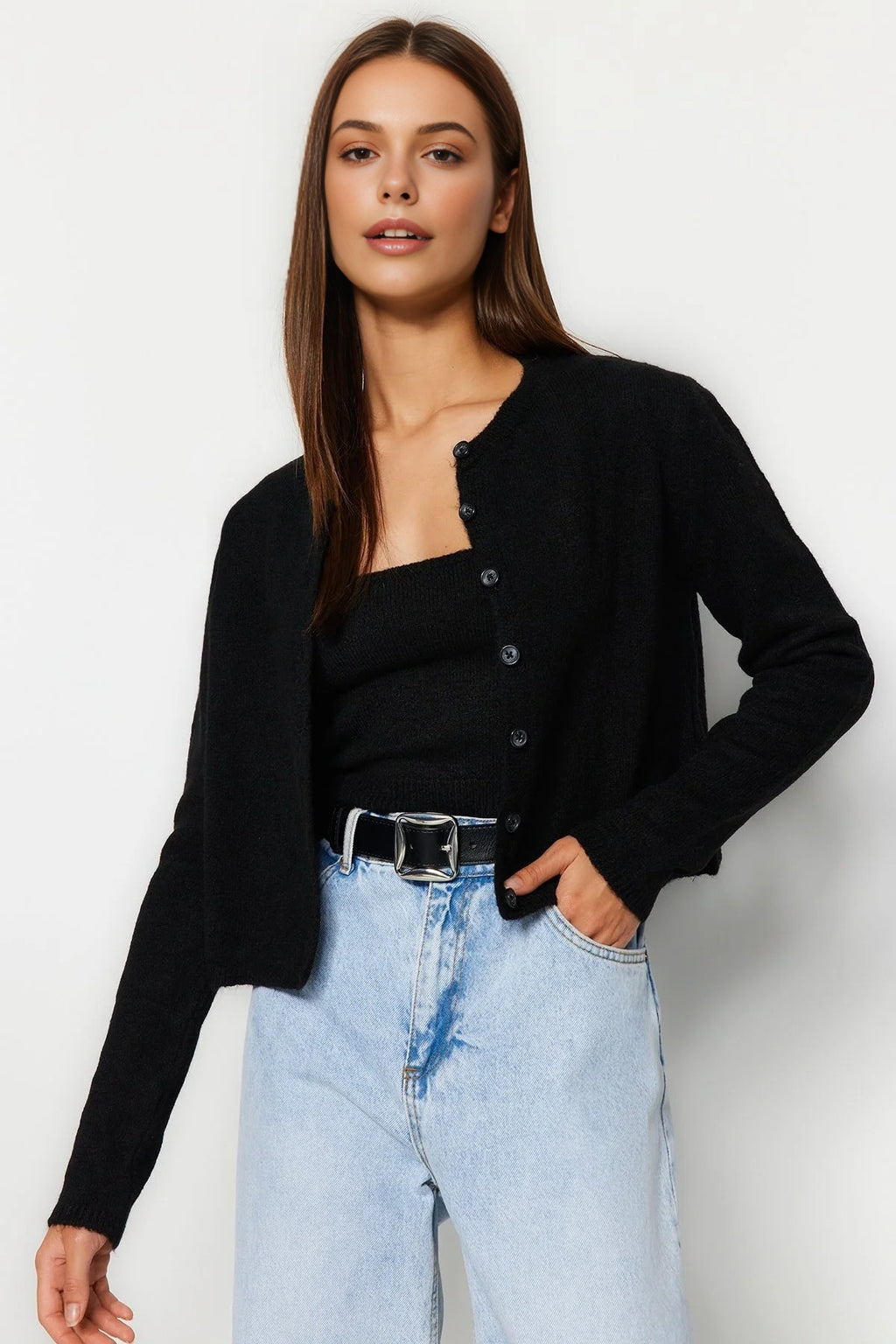 2-Piece Crop Soft-Textured Knit Blouse-Cardigan Set