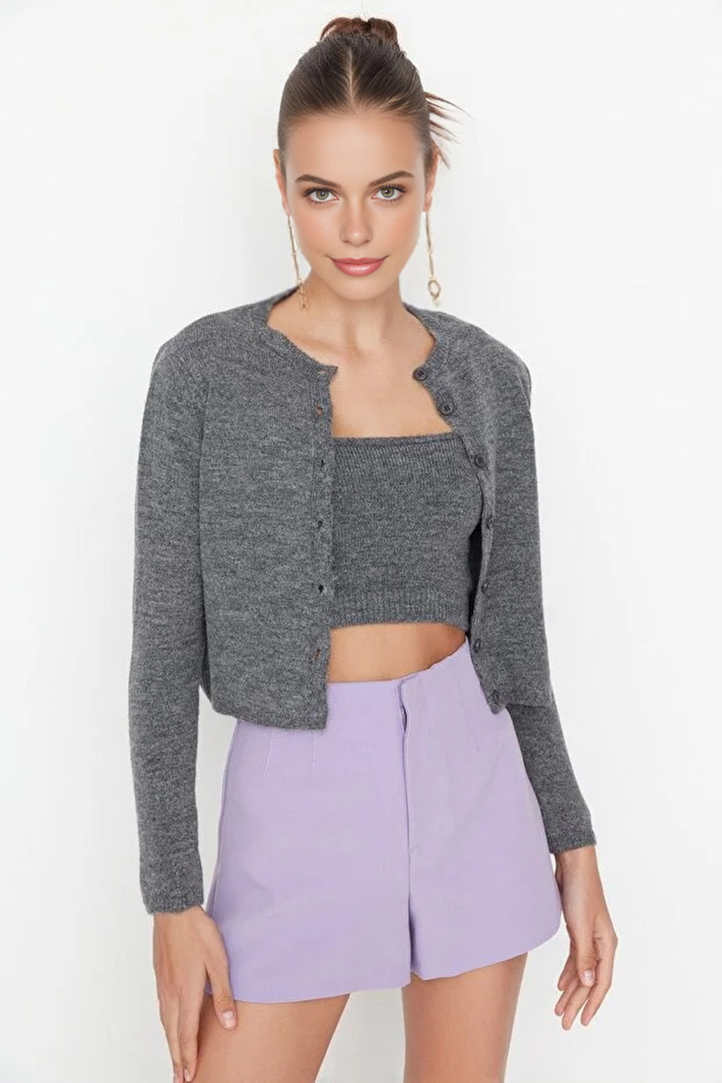 2-Piece Crop Soft-Textured Knit Blouse-Cardigan Set
