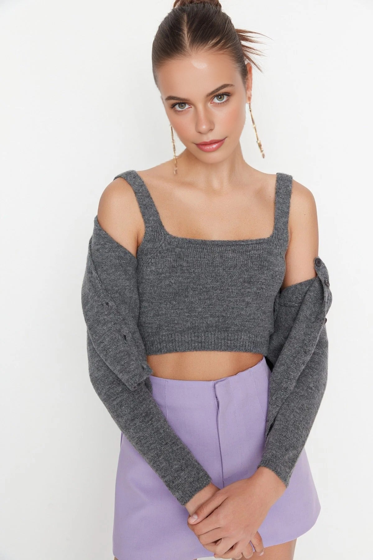 2-Piece Crop Soft-Textured Knit Blouse-Cardigan Set