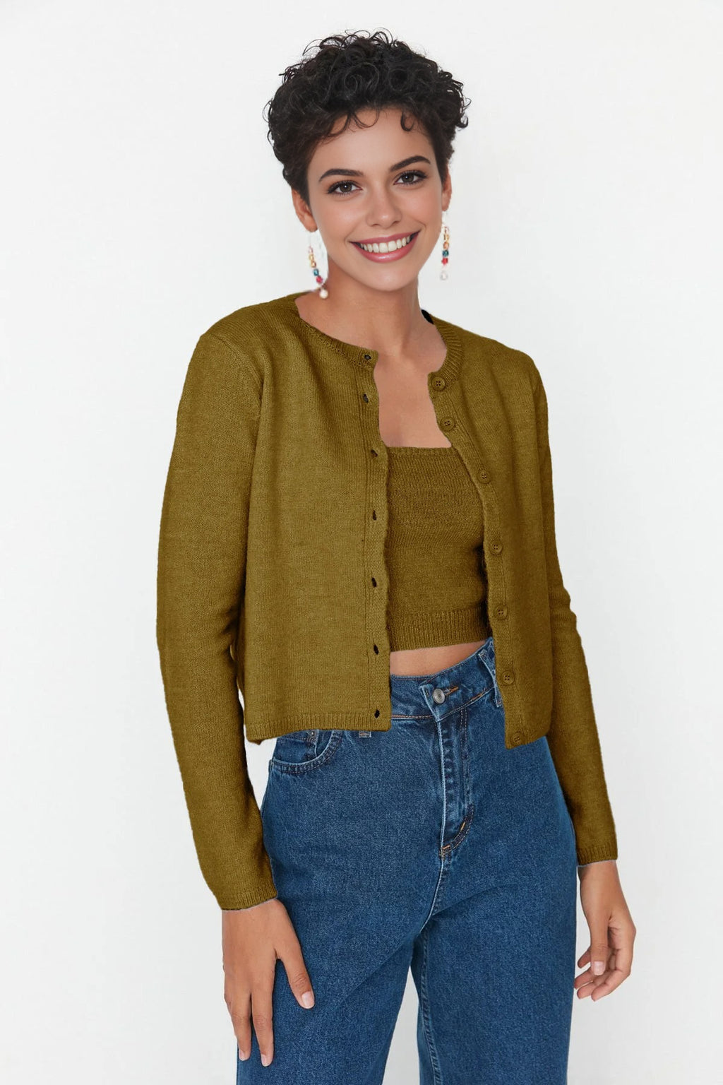 2-Piece Crop Soft-Textured Knit Blouse-Cardigan Set