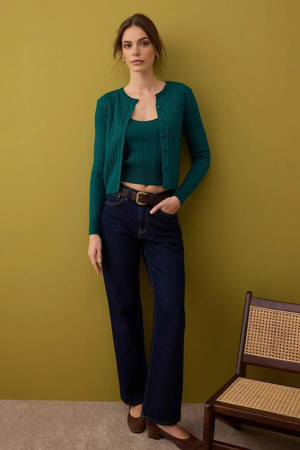 2-Piece Basic Knit Cardigan-Blouse Set