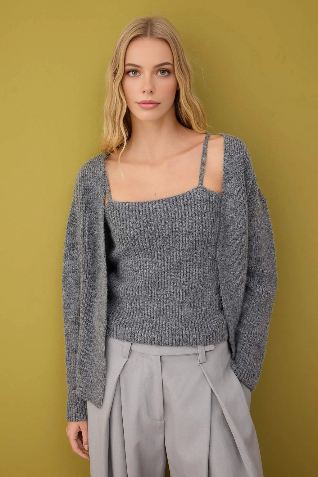 2-Piece Knit Soft-Textured Blouse-Cardigan Set