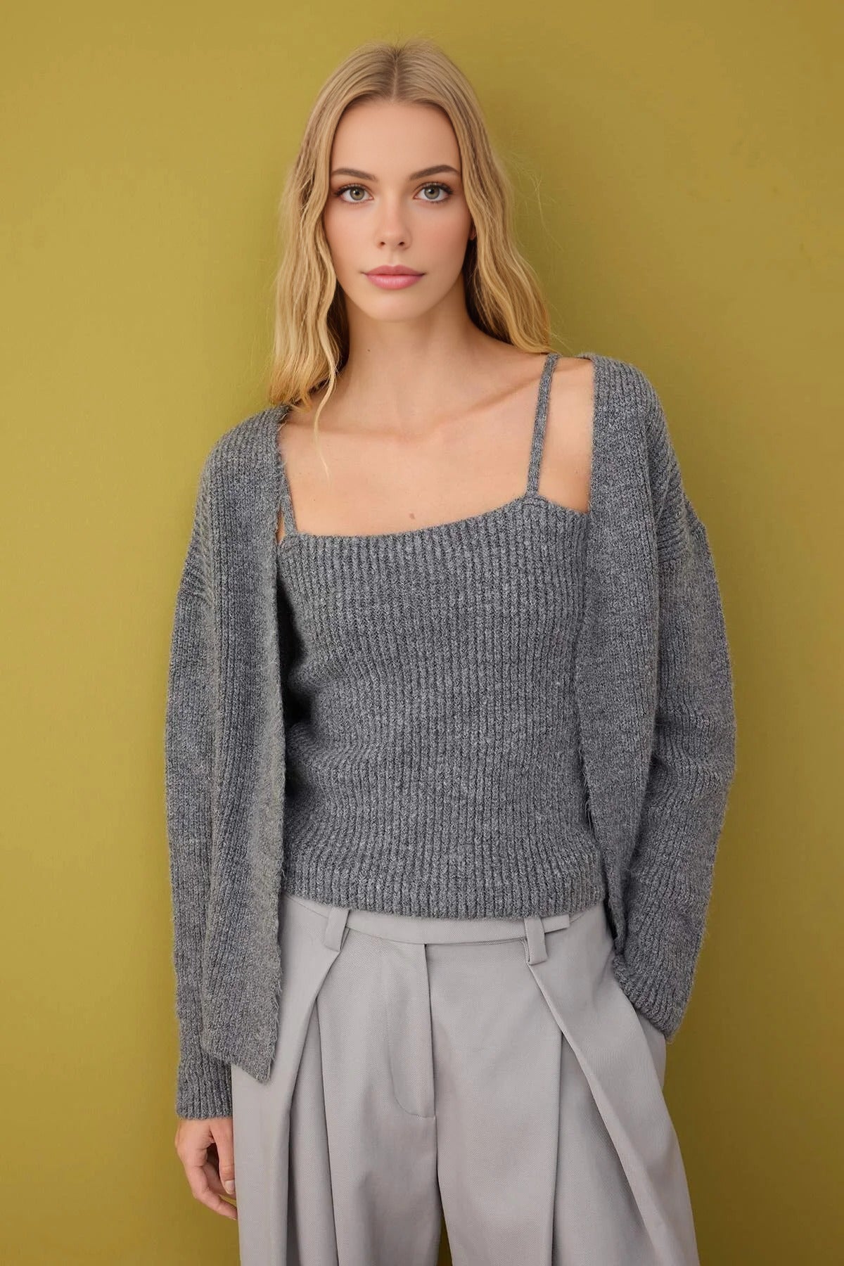 2-Piece Knit Soft-Textured Blouse-Cardigan Set