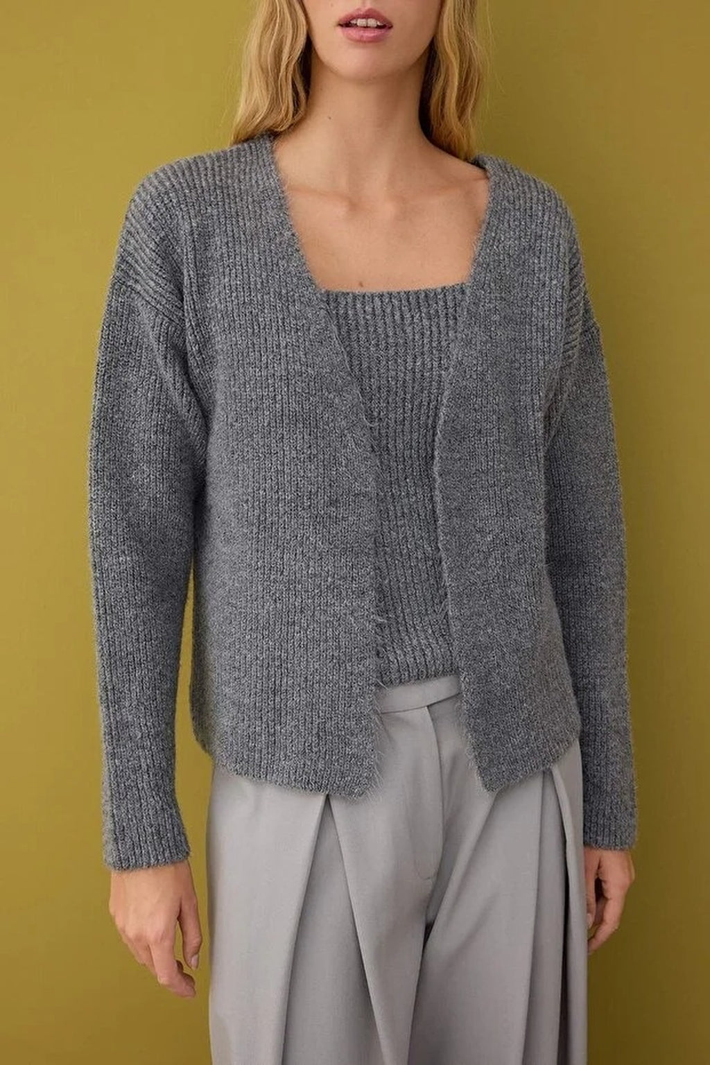 2-Piece Knit Soft-Textured Blouse-Cardigan Set