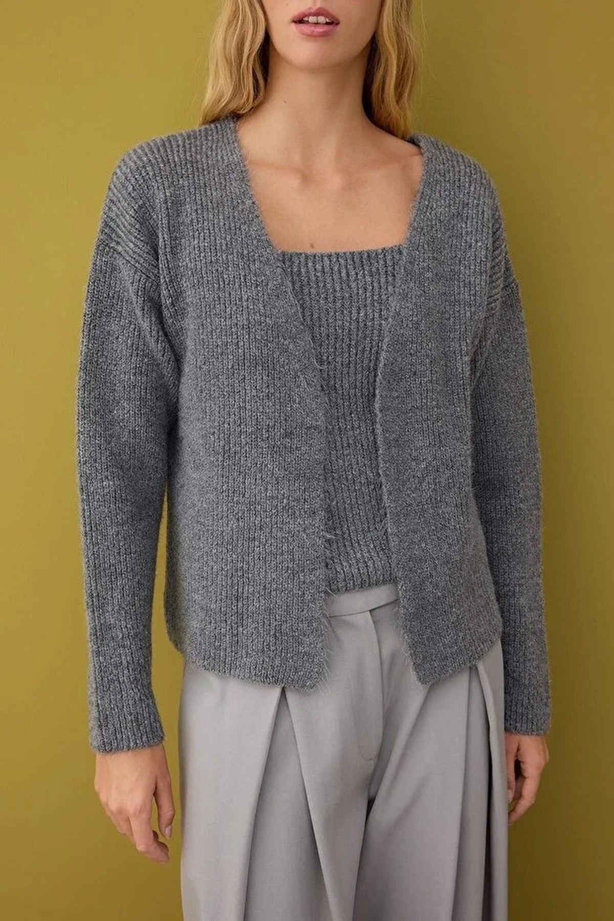 2-Piece Knit Soft-Textured Blouse-Cardigan Set