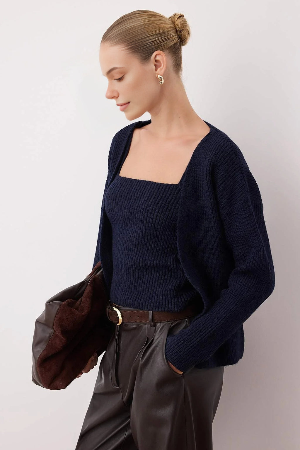 2-Piece Knit Soft-Textured Blouse-Cardigan Set