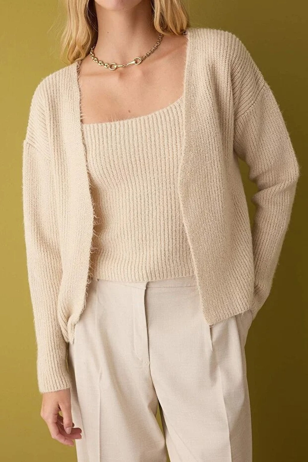 2-Piece Knit Soft-Textured Blouse-Cardigan Set