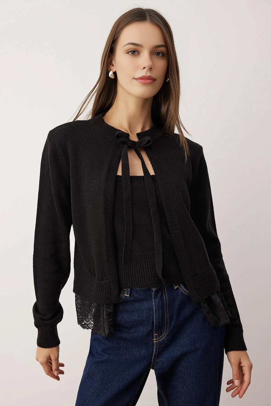 2-Piece Lace-Edge Knit Cardigan-Blouse Set