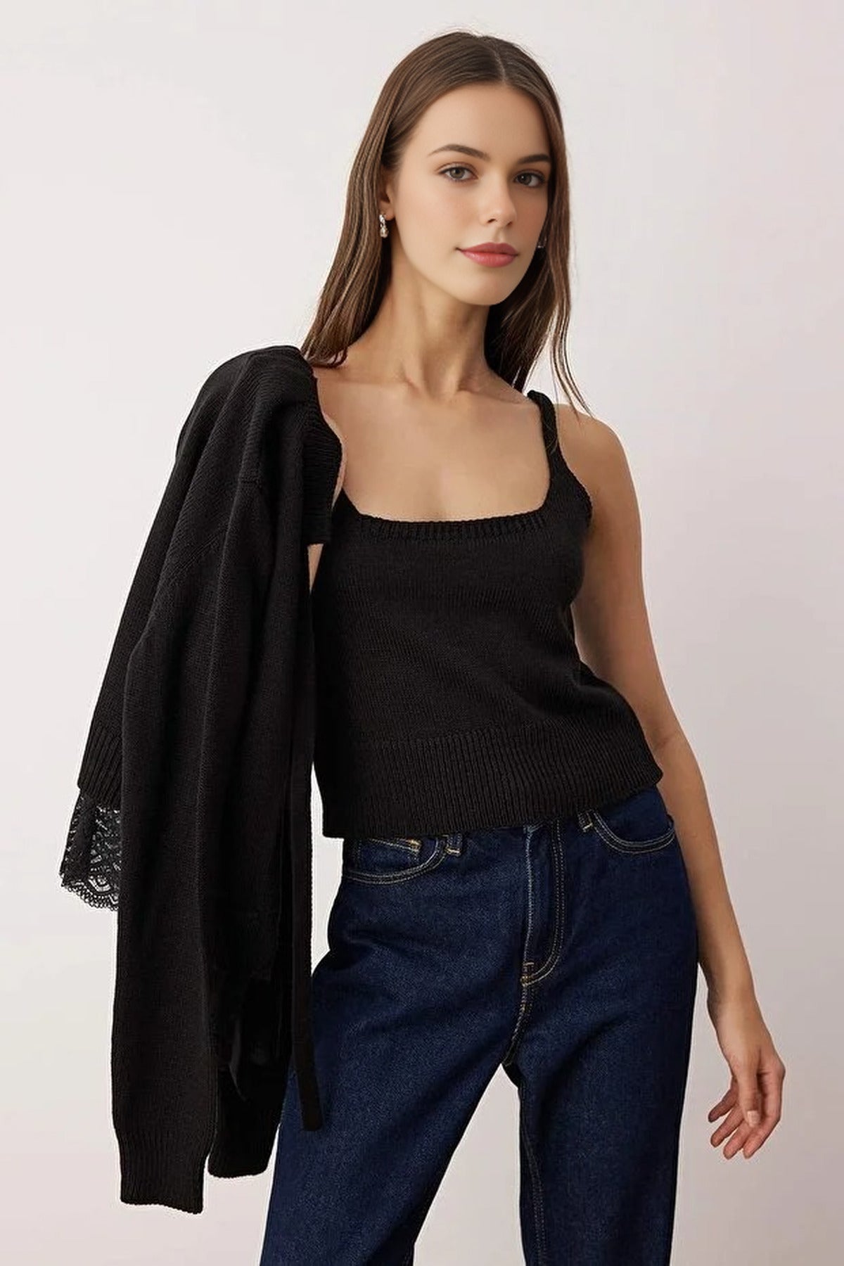 2-Piece Lace-Edge Knit Cardigan-Blouse Set