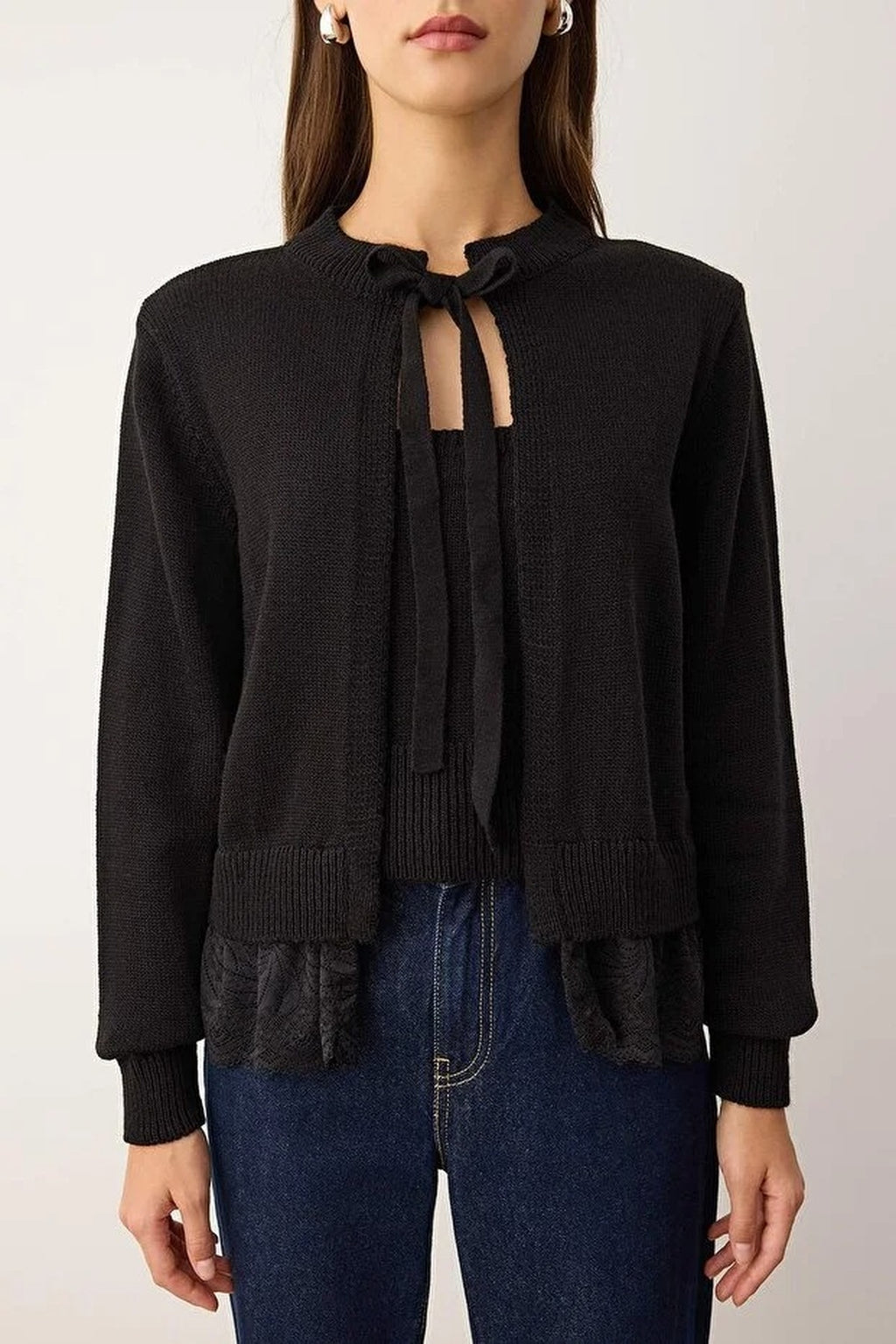 2-Piece Lace-Edge Knit Cardigan-Blouse Set