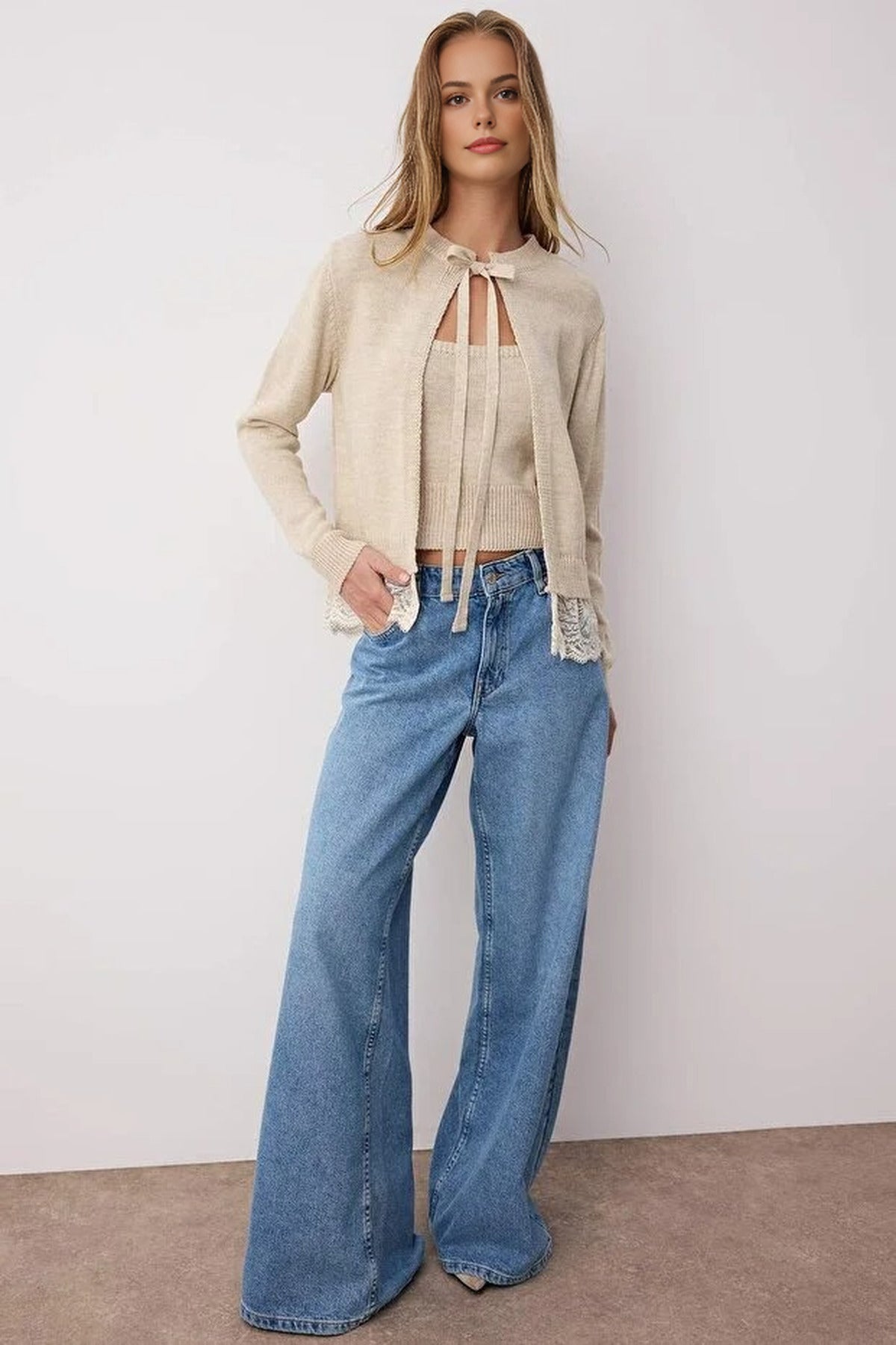 2-Piece Lace-Edge Knit Cardigan-Blouse Set