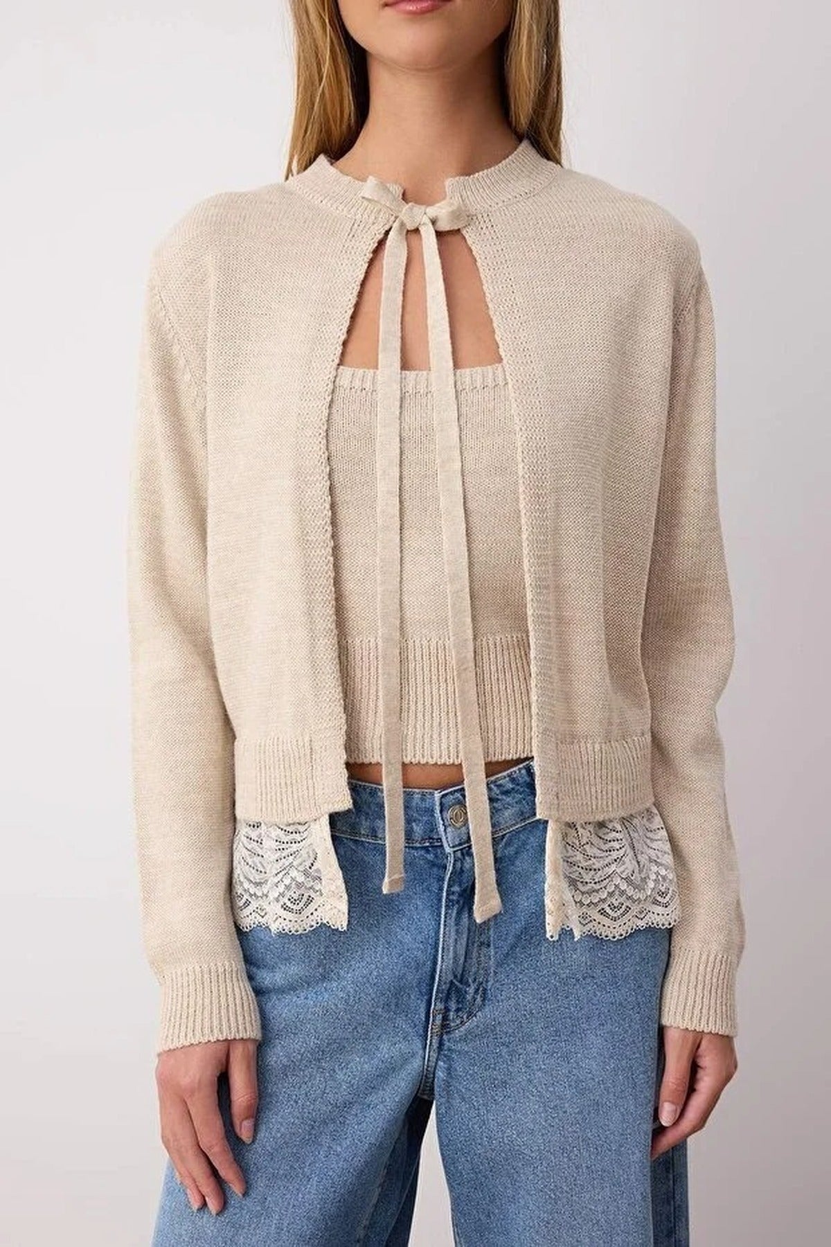 2-Piece Lace-Edge Knit Cardigan-Blouse Set