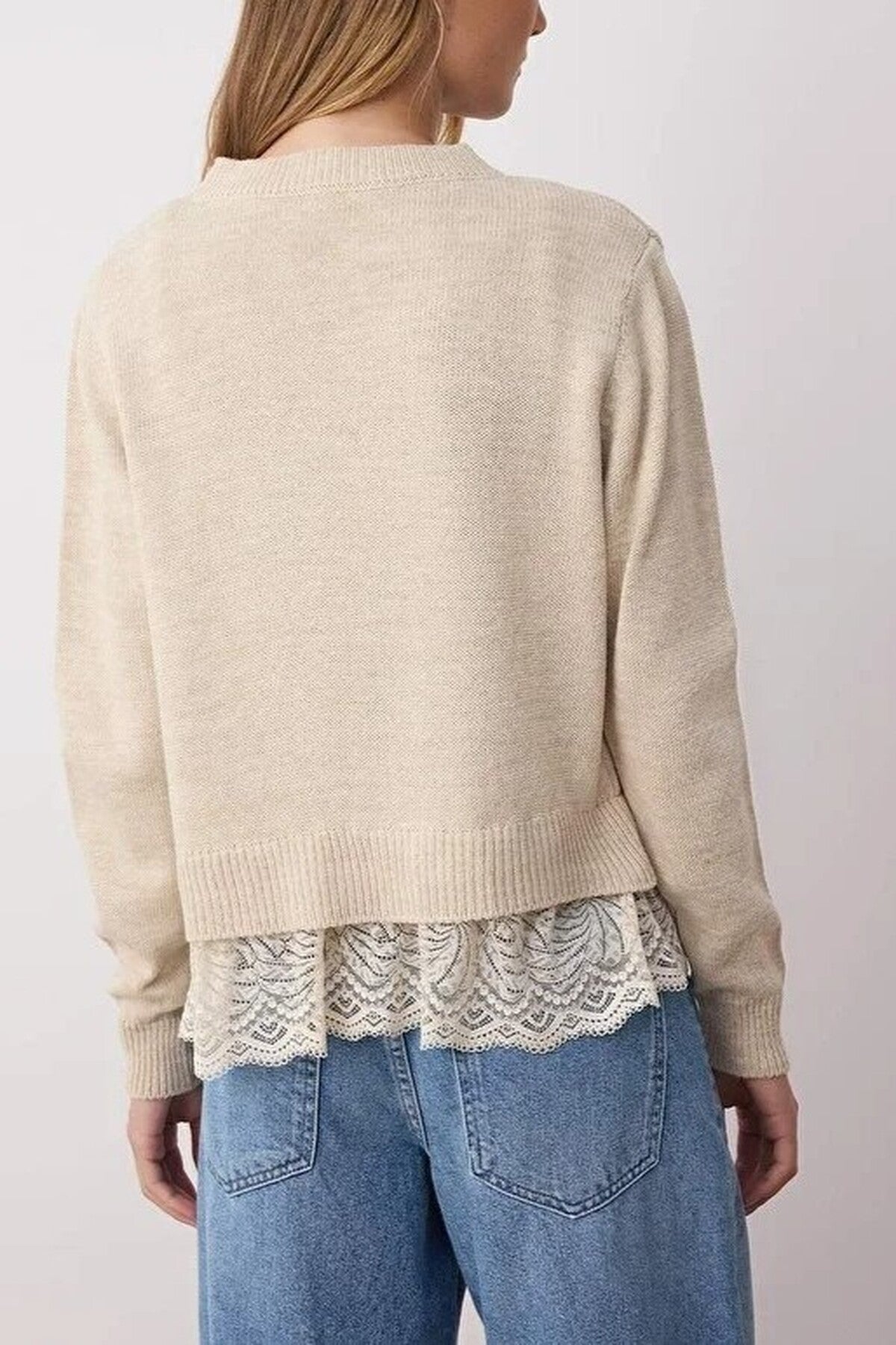 2-Piece Lace-Edge Knit Cardigan-Blouse Set