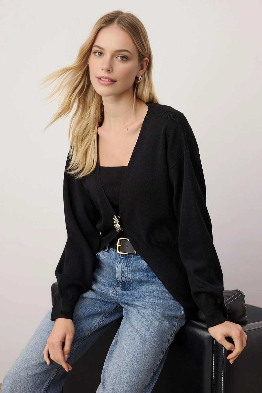 2-Piece Knit Cardigan-Blouse Set with Button Detail