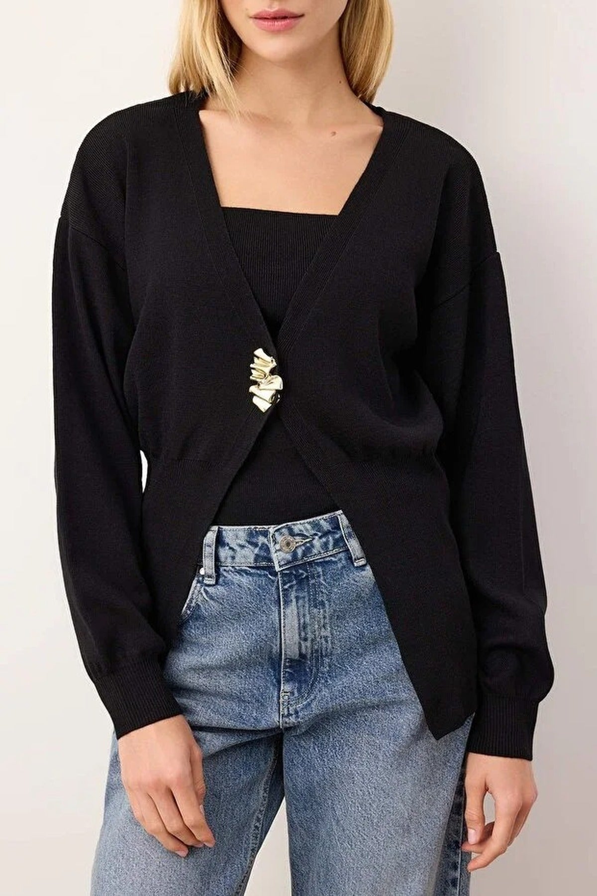 2-Piece Knit Cardigan-Blouse Set with Button Detail