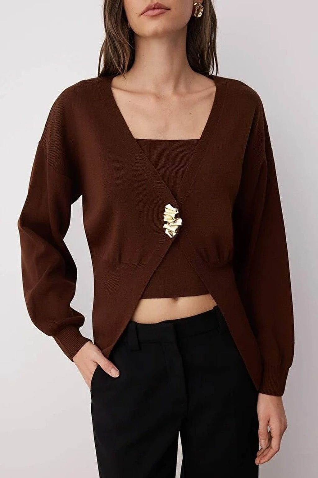 2-Piece Knit Cardigan-Blouse Set with Button Detail