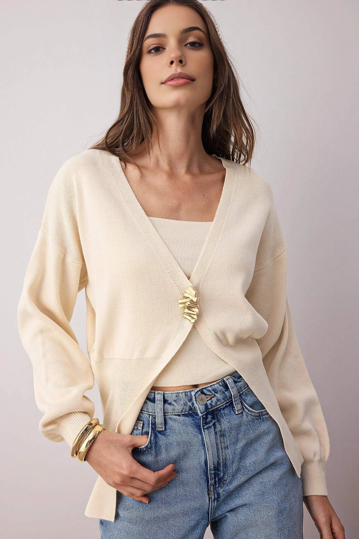 2-Piece Knit Cardigan-Blouse Set with Button Detail