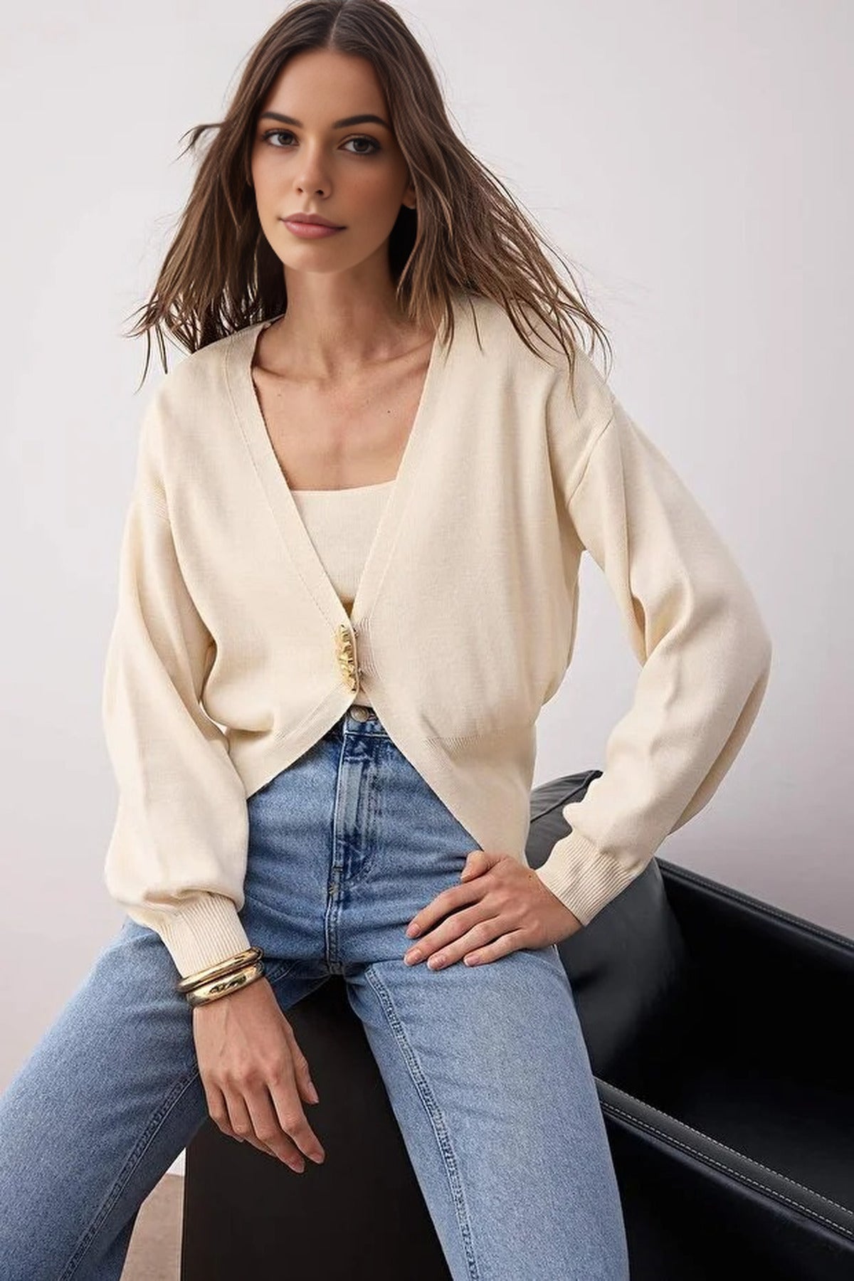 2-Piece Knit Cardigan-Blouse Set with Button Detail