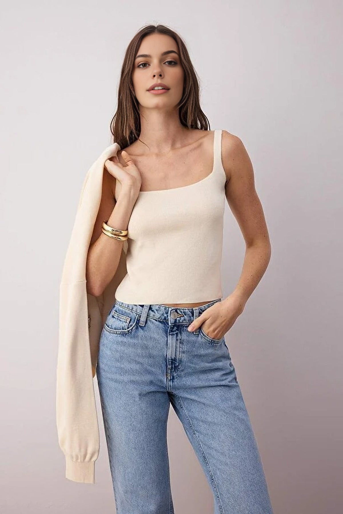 2-Piece Knit Cardigan-Blouse Set with Button Detail