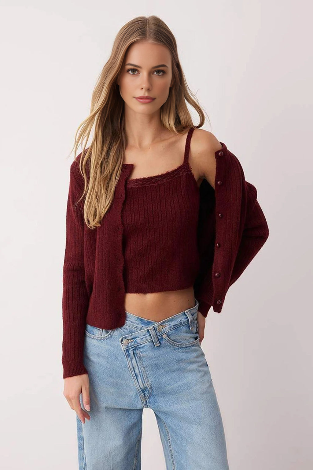 2-Piece Square Neck Cardigan-Blouse Knit Set with Lace Garnish